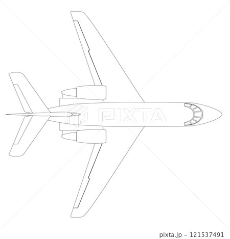 Outline of a passenger plane from black lines isolated on a white background. View from above. 3D. Vector illustration. Outline of a passenger plane from black lines isolated on a white background. View from above. 3D. Vector illustration. 121537491