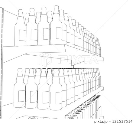 Outline of a shop shelf with bottles and jars from black lines isolated on a white background. 3D. Vector illustration. 121537514