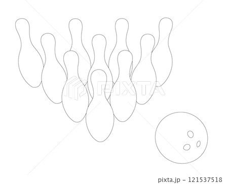 Outline of skittles and bowling ball from black lines isolated on white background. Front view. 3D. Vector illustration. 121537518