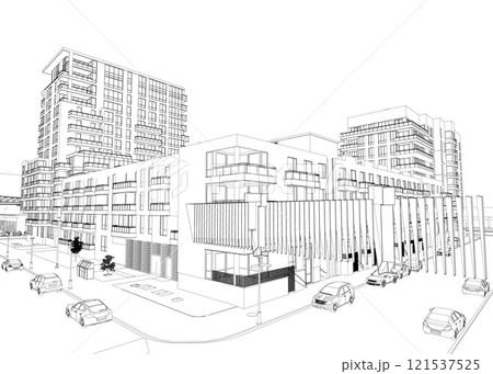 Outline of the city with houses, streets and cars from black lines isolated on a white background. Perspective view. 3D. Vector illustration. 121537525