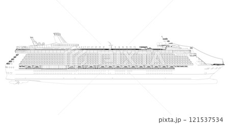 Outline of a large multi-deck cruiser from black lines isolated on a white background. Side view. 3D. Vector illustration. 121537534