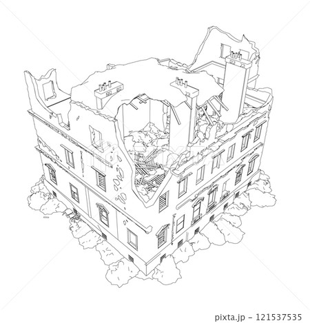 The outline of the destroyed building from black lines isolated on a white background. Isometric view. 3D. Vector illustration. 121537535