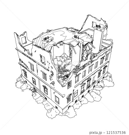 The outline of the destroyed building from black lines isolated on a white background. Isometric view. 3D. Vector illustration. 121537536