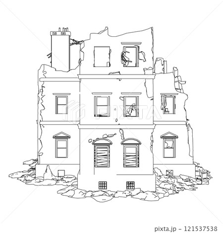 The outline of the destroyed building from black lines isolated on a white background. Front view. 3D. Vector illustration. 121537538