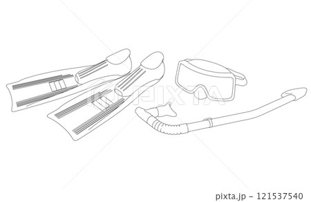 Scuba diving outline from black lines isolated on white background. Fins, mask and snorkel. 3D. Vector illustration. Scuba diving outline from black lines isolated on white background. Fins, mask and snorkel. 3D. Vector illustration. 121537540