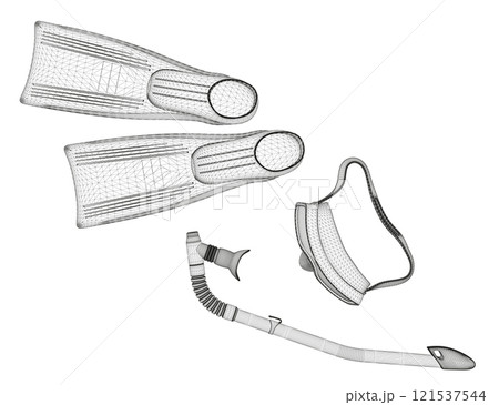 Scuba set wireframe from black lines isolated on white background. Fins and a mask with a snorkel. 3D. Vector illustration. Scuba set wireframe from black lines isolated on white background. Fins and a mask with a snorkel. 3D. Vector illustration. 121537544