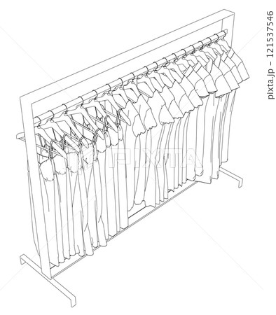 Outline of dresses hanging on hangers from black lines isolated on white background. Isometric view. 3D. Vector illustration. Outline of dresses hanging on hangers from black lines isolated on white background. Isometric view. 3D. Vector illustration. 121537546