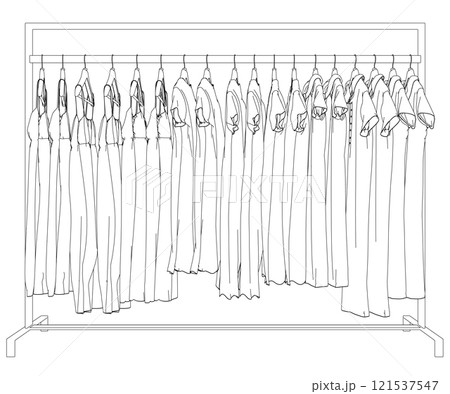 Outline of dresses hanging on hangers from black lines isolated on white background. Side view. 3D. Vector illustration. 121537547