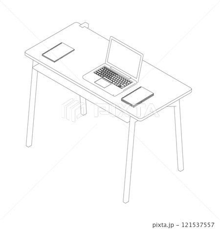 Desk outline with laptop and notepads from black lines isolated on white background. Isometric view. 3D. Vector illustration. 121537557