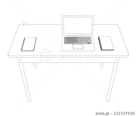 Desk outline with laptop and notepads from black lines isolated on white background. Front view. 3D. Vector illustration. 121537558