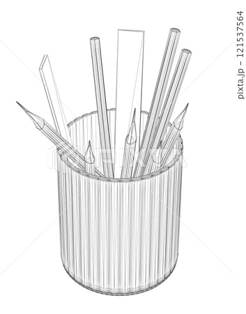 Wireframe of pencils and rulers in a glass from black lines isolated on a white background. Isometric view. 3D. Vector illustration. 121537564
