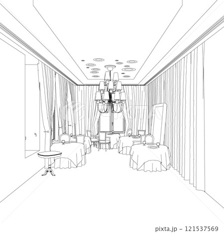 Outline of restaurant interior with laid tables in retro style from black lines isolated on white background. 3D. Vector illustration. 121537569