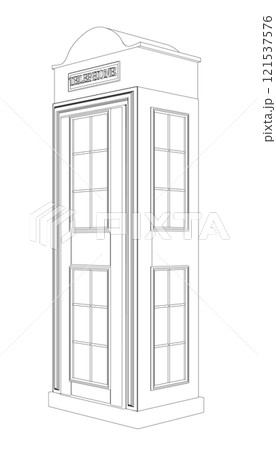 Outline of a telephone booth from black lines isolated on a white background. Side view. 3D. Vector illustration. Outline of a telephone booth from black lines isolated on a white background. Side view. 3D. Vector illustration. 121537576