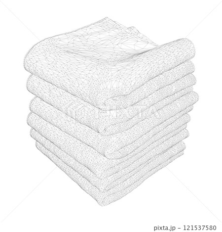 Black line towel stack wireframe isolated on white background. Isometric view. 3D. Vector illustration. Black line towel stack wireframe isolated on white background. Isometric view. 3D. Vector illustration. 121537580