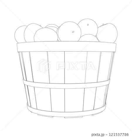 Outline of a pile of apples in a bucket from black lines isolated on a white background. Side view. 3D. Vector illustration. Outline of a pile of apples in a bucket from black lines isolated on a white background. Side view. 3D. Vector illustration. 121537786