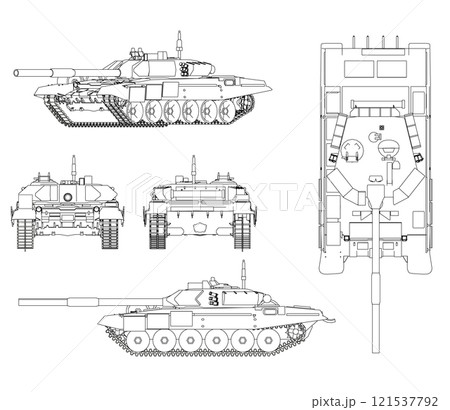 Set with contours of a battle tank from black lines isolated on a white background. Front, side, top, back view. 3D. Vector illustration. Set with contours of a battle tank from black lines isolated on a white background. Front, side, top, back view. 3D. Vector illustration. 121537792