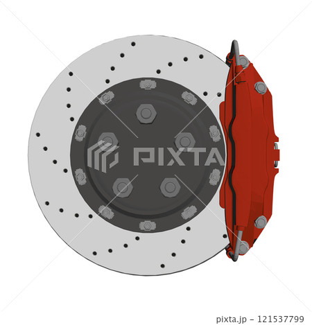 Polygonal model of a car brake disc with a red brake pad isolated on a white background. Front view. 3D. Vector illustration. Polygonal model of a car brake disc with a red brake pad isolated on a white background. Front view. 3D. Vector illustration. 121537799