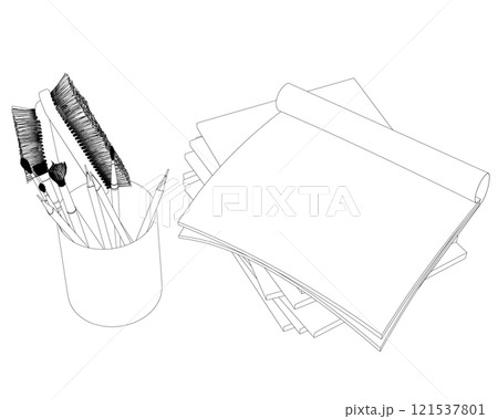 Contour of a glass with brushes and pencils and paper from black lines isolated on a white background. Isometric view. 3D. Vector illustration. Contour of a glass with brushes and pencils and paper from black lines isolated on a white background. Isometric view. 3D. Vector illustration. 121537801