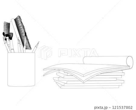 Contour of a glass with brushes and pencils and paper from black lines isolated on a white background. Side view. 3D. Vector illustration. 121537802