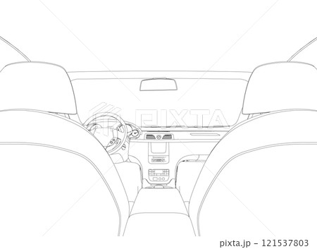 The contour of the car interior inside from black lines isolated on a white background. View from the back seat. 3D. Vector illustration. The contour of the car interior inside from black lines isolated on a white background. View from the back seat. 3D. Vector illustration. 121537803
