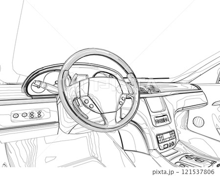 The contour of the car interior inside from black lines isolated on a white background. View from the front seat. 3D. Vector illustration. The contour of the car interior inside from black lines isolated on a white background. View from the front seat. 3D. Vector illustration. 121537806