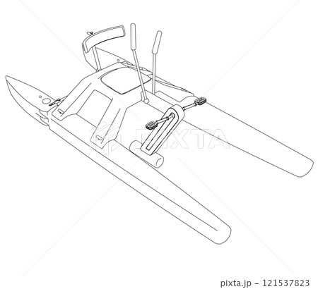 Outline of a catamoran with pedals from black lines isolated on a white background. Isometric view. 3D. Vector illustration. Outline of a catamoran with pedals from black lines isolated on a white background. Isometric view. 3D. Vector illustration. 121537823