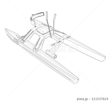 Outline of a catamoran with pedals from black lines isolated on a white background. Isometric view. 3D. Vector illustration. Outline of a catamoran with pedals from black lines isolated on a white background. Isometric view. 3D. Vector illustration. 121537824