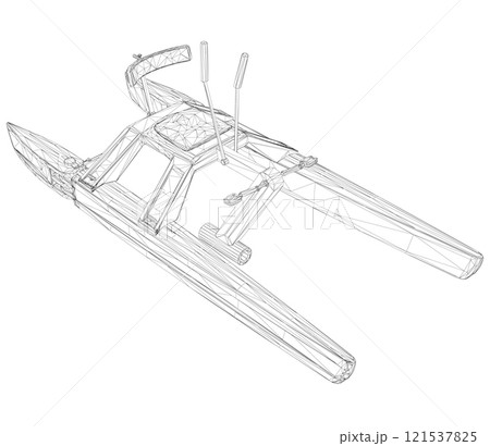 Wireframe of a catamoran with pedals from black lines isolated on a white background. Isometric view. 3D. Vector illustration. Wireframe of a catamoran with pedals from black lines isolated on a white background. Isometric view. 3D. Vector illustration. 121537825