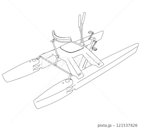 Outline of a catamoran with pedals from black lines isolated on a white background. Isometric view. 3D. Vector illustration. Outline of a catamoran with pedals from black lines isolated on a white background. Isometric view. 3D. Vector illustration. 121537826