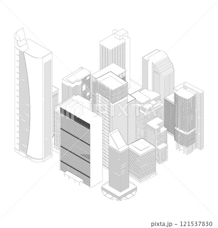 The outline of many multi-storey buildings from black lines isolated on a white background. Outline of the city quarter. Isometric view. 3D. Vector illustration. The outline of many multi-storey buildings from black lines isolated on a white background. Outline of the city quarter. Isometric view. 3D. Vector illustration. 121537830