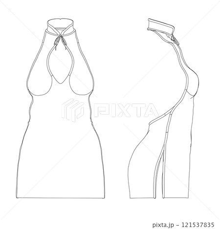 Contour of a women's short dress with an open back from black lines isolated on a white background. Side and front view. 3D. Vector illustration. 121537835