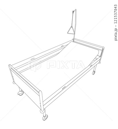 Outline of a hospital bed from black lines isolated on a white background. Perspective view. 3D. vector illustration. Outline of a hospital bed from black lines isolated on a white background. Perspective view. 3D. vector illustration. 121537843