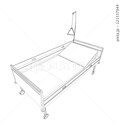 Outline of a hospital bed from black lines isolated on a white background. Perspective view. 3D. vector illustration. Outline of a hospital bed from black lines isolated on a white background. Perspective view. 3D. vector illustration. 121537844