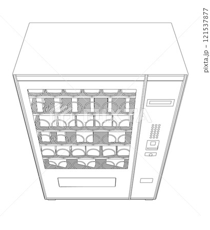 Outline of a vending snack machine from black lines isolated on a white background. Front view. 3D. Vector illustration. Outline of a vending snack machine from black lines isolated on a white background. Front view. 3D. Vector illustration. 121537877