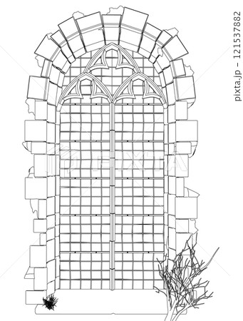 Outline of a vintage temple window from black lines isolated on a white background. Front view. 3D. Vector illustration. Outline of a vintage temple window from black lines isolated on a white background. Front view. 3D. Vector illustration. 121537882