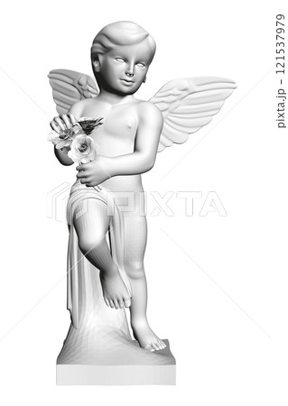 Polygonal model of a baby angel with wings and flowers in hands isolated on a white background. 3D. Vector illustration. Polygonal model of a baby angel with wings and flowers in hands isolated on a white background. 3D. Vector illustration. 121537979
