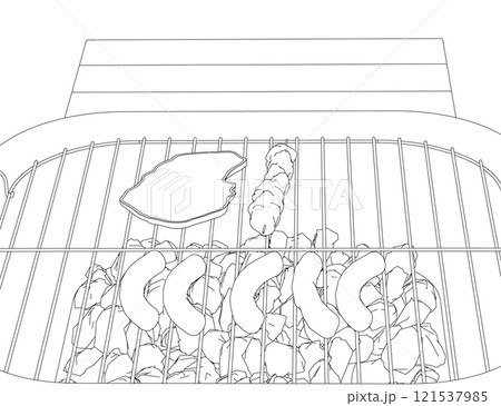 Contour of a brazier with meat and sausages from black lines isolated on a white background. Front view. 3D. Vector illustration. Contour of a brazier with meat and sausages from black lines isolated on a white background. Front view. 3D. Vector illustration. 121537985