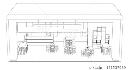 The contour of the cafe room with tables and chairs from black lines isolated on a white background. Front view. Vector illustration. The contour of the cafe room with tables and chairs from black lines isolated on a white background. Front view. Vector illustration. 121537989