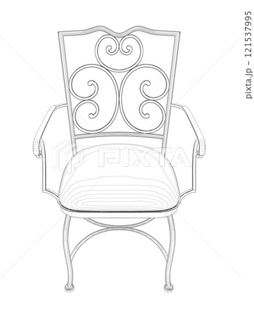 Outline of a decorative antique chair from black lines isolated on a white background. Front view. 3D. Vector illustration. Outline of a decorative antique chair from black lines isolated on a white background. Front view. 3D. Vector illustration. 121537995
