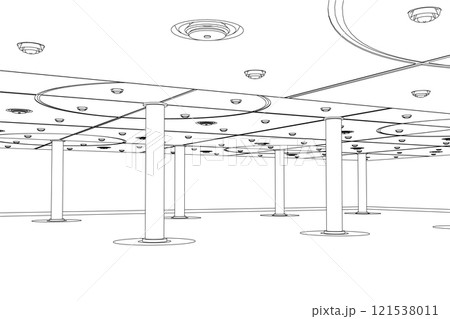 Outline of the room with columns made of black lines isolated on a white background. Outline of the garage. 3D. Vector illustration. 121538011