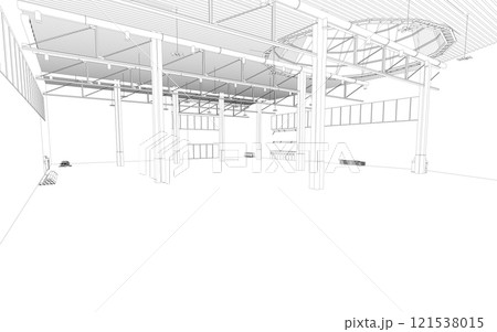 Hangar outline from black lines isolated on white background. Warehouse space. 3D. Vector illustration. Hangar outline from black lines isolated on white background. Warehouse space. 3D. Vector illustration. 121538015