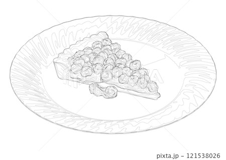 Outline of a piece of pie with berries on a plate from black lines isolated on a white background. Isometric view. 3D. Vector illustration. 121538026