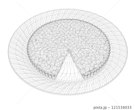 Wireframe of a pie with berries with a cut off piece on a plate from black lines isolated on a white background. Isometric view. 3D. Vector illustration. Wireframe of a pie with berries with a cut off piece on a plate from black lines isolated on a white background. Isometric view. 3D. Vector illustration. 121538033