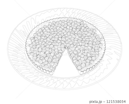 The contour of a pie with berries with a cut piece on a plate from black lines isolated on a white background. Isometric view. 3D. Vector illustration. 121538034
