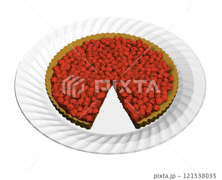 Polygonal model of a pie with berries with a cut piece on a white plate isolated on a white background. Isometric view. 3D. Vector illustration. Polygonal model of a pie with berries with a cut piece on a white plate isolated on a white background. Isometric view. 3D. Vector illustration. 121538035