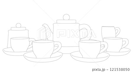 Outline of tea set with cups and teapot from black lines isolated on white background. Front view. 3D. Vector illustration. 121538050