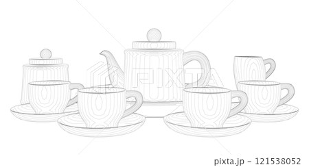 Outline of tea set with cups and teapot from black lines isolated on white background. Front view. 3D. Vector illustration. 121538052