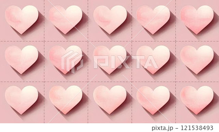 Trending pattern, background of watercolor pastel pink hearts on a light pink background in a grid alignment style .	 121538493