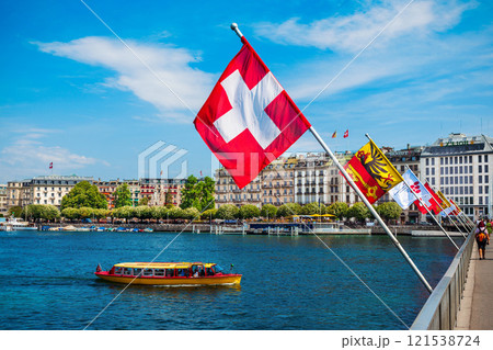 Swiss flags, Mont Blanc bridge 121538724
