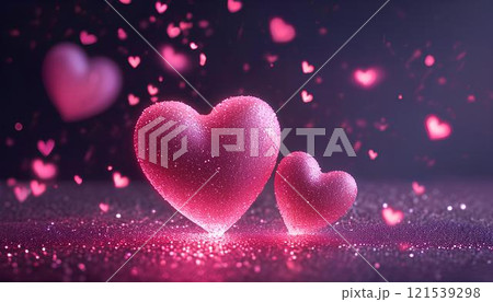 Two glittery pink hearts on a dark purple background with bokeh and neon effect, dotted with lots of glowing hearts.  121539298